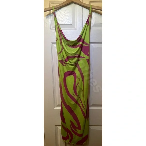 Nasty Gal Lime Green & Hot Pink Marble Print Ruched Cowl Neck Dress NWT - Picture 5 of 14